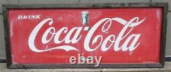 Vtg Drink Coca-Cola Tin Advertising Sign Robertson c1950 Soda Bottle Graphic