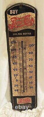 Vtg LARGE 1940s PEPSI COLA Soda Metal Tin Sign Thermometer 27 X 8 Rusty Gold