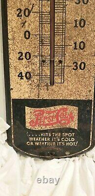 Vtg LARGE 1940s PEPSI COLA Soda Metal Tin Sign Thermometer 27 X 8 Rusty Gold