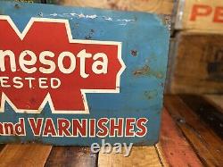 Vtg Minnesota Tested Paints and Varnishes 23x11 1/2 Metal Tin Advertising Sign