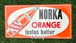 Vtg NOS 1960s Norka Orange Soda Pop Sign 24 Tin Akron Ohio Soda Advertising NRM