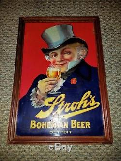 Vtg Pre Prohibition Strohs Bohemian Beer Detroit Tin Advertising Sign Wood Frame