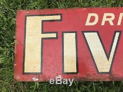Vtg Rare 1930s Drink FIVE-O Soda Pop Tin Advertising Sign Double Sided 28 x 12