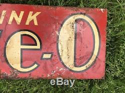 Vtg Rare 1930s Drink FIVE-O Soda Pop Tin Advertising Sign Double Sided 28 x 12