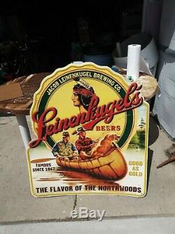 Vtg Rare Leinenkugel's Large Tin Beer Sign 35.5x40 Fishing In Boat On Lake