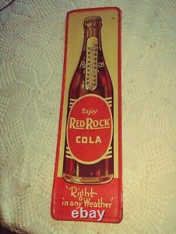 Vtg Red Rock COLA Soda Beverage Embossed Tin Thermometer Sign 1940's-1950's