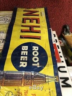 Vtg early Nehi Root Beer Soda drink Nehi Bottle Ad Tin Sign 30x12 as-is sale