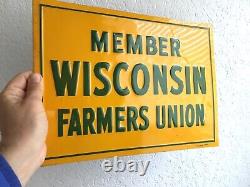 Vtg wisconsin farm bureau embossed tin sign WI Farm Ag Feed Seed Tractor IH JD