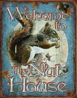 Welcome to The Nut House Metal Tin Sign Funny Squirrel Home Office Wall Decor