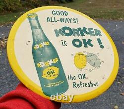 WoW Korker Lemon Lime Soda Metal Tin Advertising Sign VTG Bar Bottle Drink Old